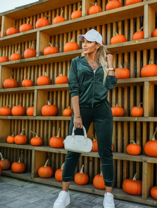 x.Trening Catifea cu Fermoar - Set 2 Piese: Hanorac + Pantaloni