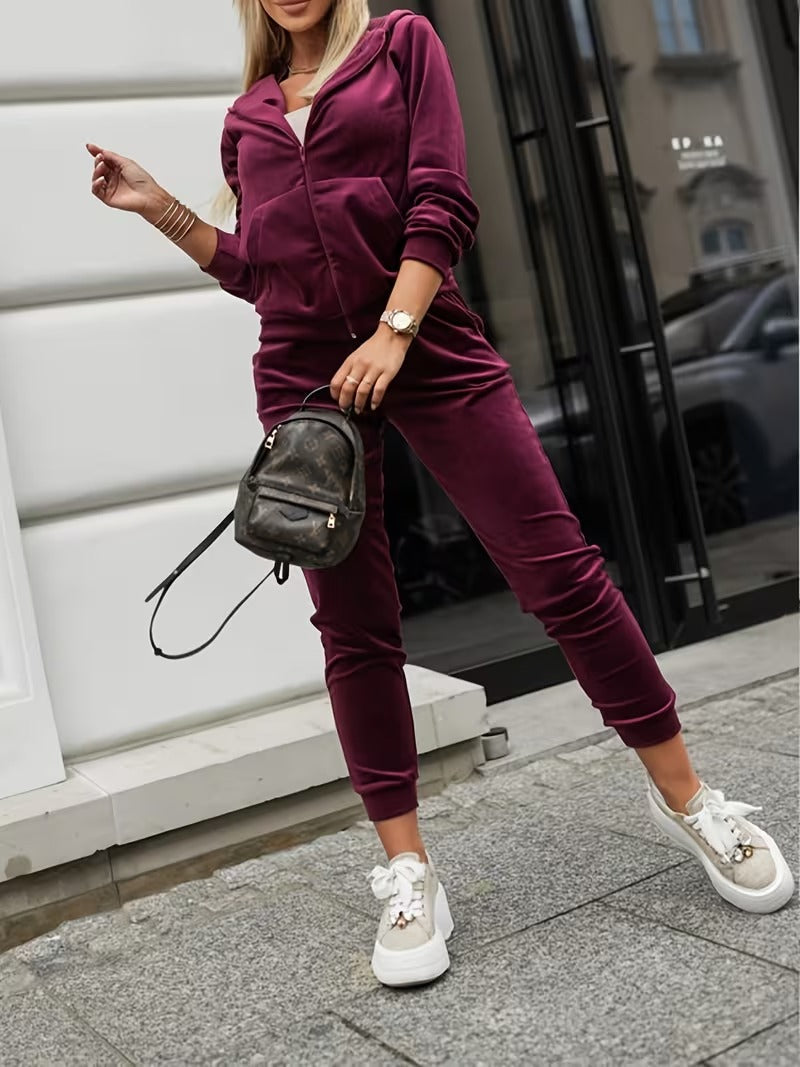 x.Trening Catifea cu Fermoar - Set 2 Piese: Hanorac + Pantaloni