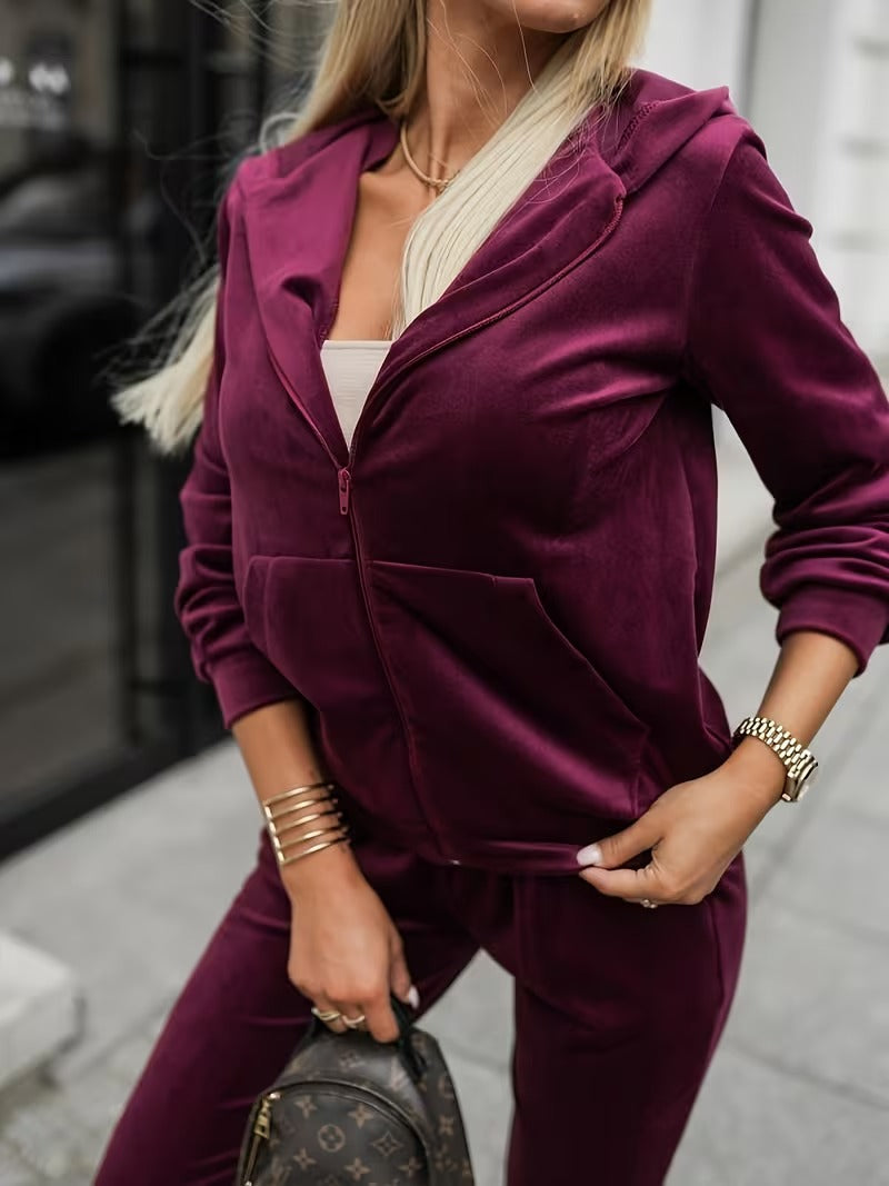 x.Trening Catifea cu Fermoar - Set 2 Piese: Hanorac + Pantaloni