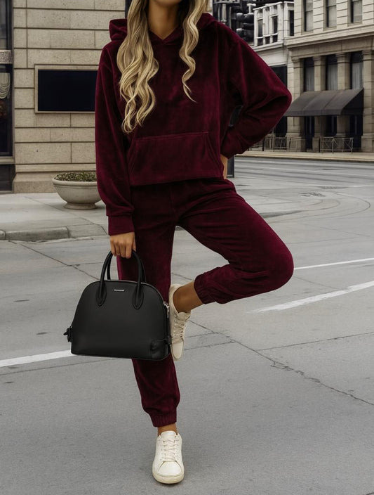 x. Trening Catifea Bordo - Set 2 Piese: Hanorac + Pantaloni